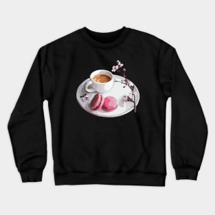 Espresso coffee with two vibrant pink macaroons with a cherry blossom stem Crewneck Sweatshirt